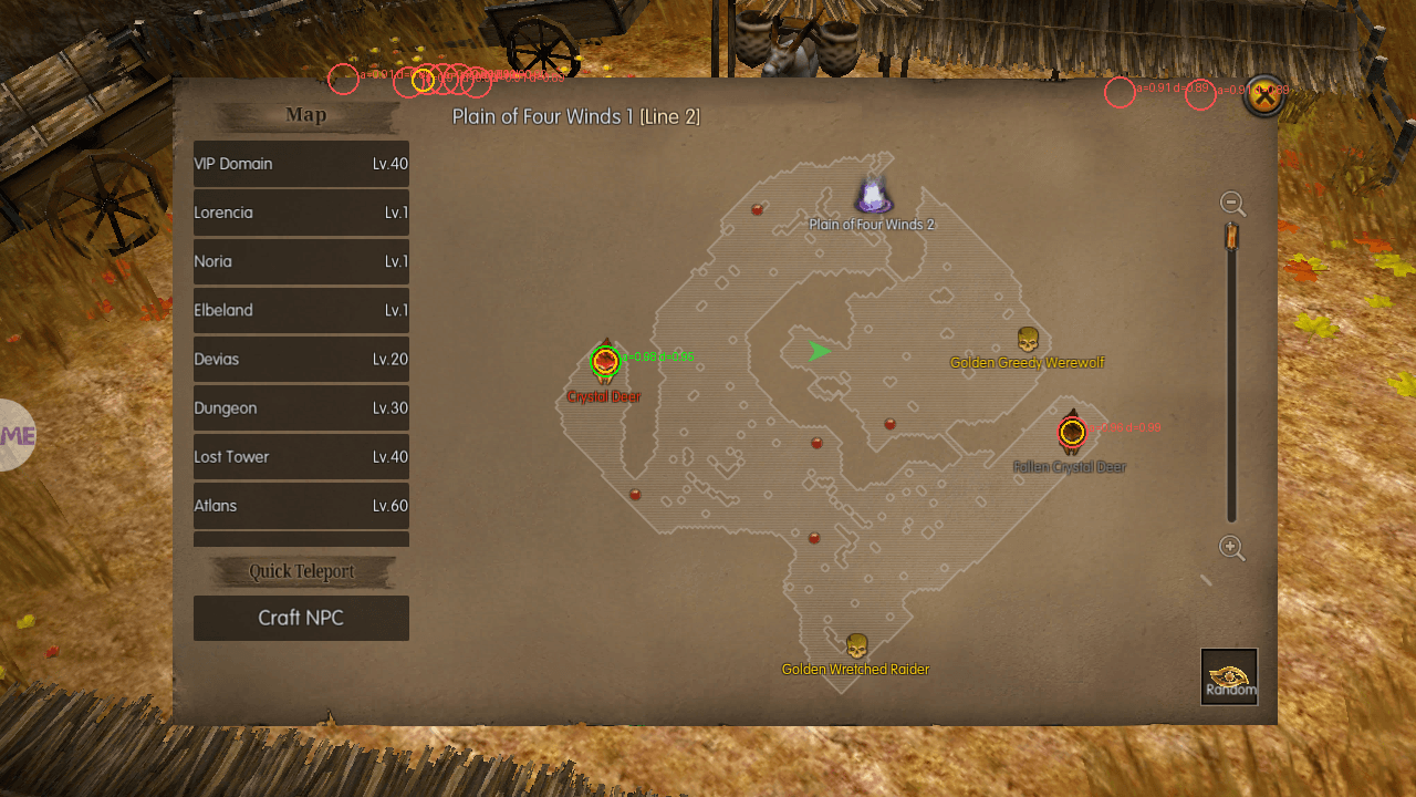 Mapa abierto con bosses detectados (Crystal Deer) y scores del bot